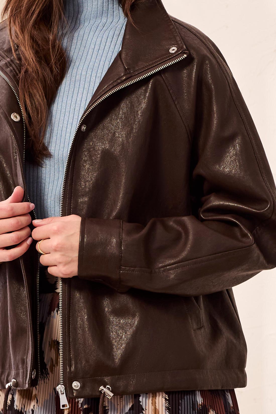 Tribal-Relaxed Mock Neck Jacket W/ADJ Hem-6272O-1297-Saddle Brown - The Coach Pyramids