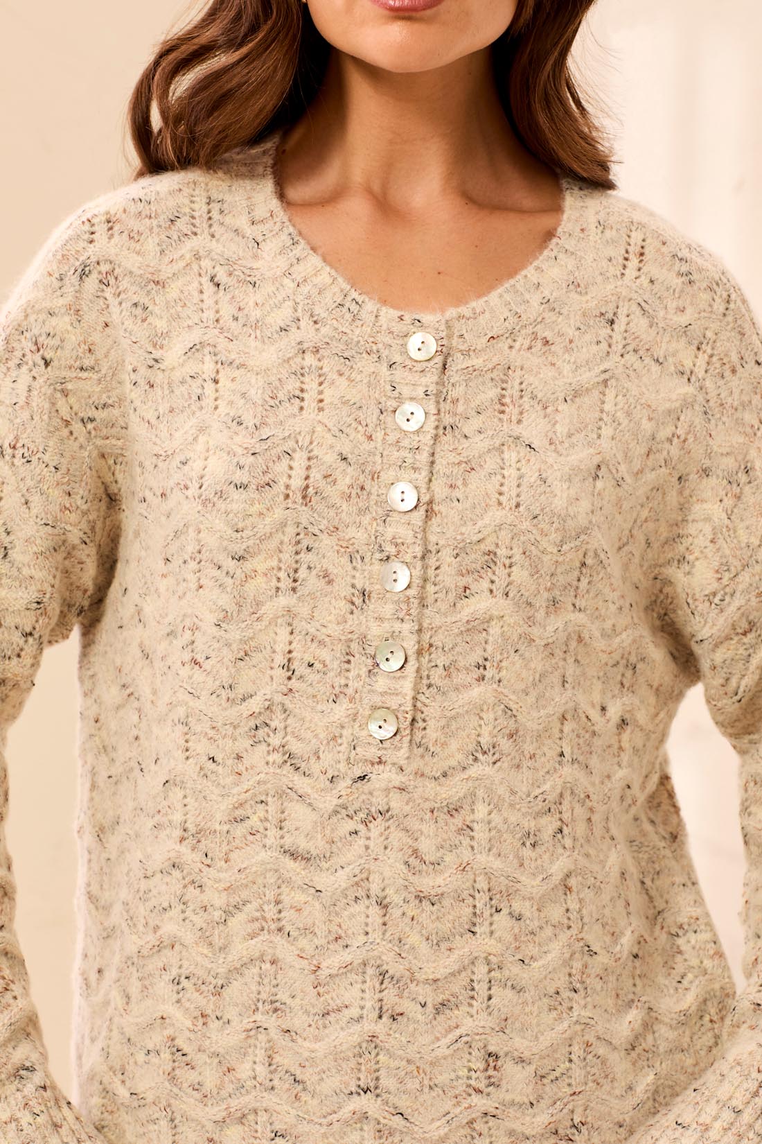 Tribal-Henley Sweater W/Scallop Hem-6277O-3288-Cream - The Coach Pyramids