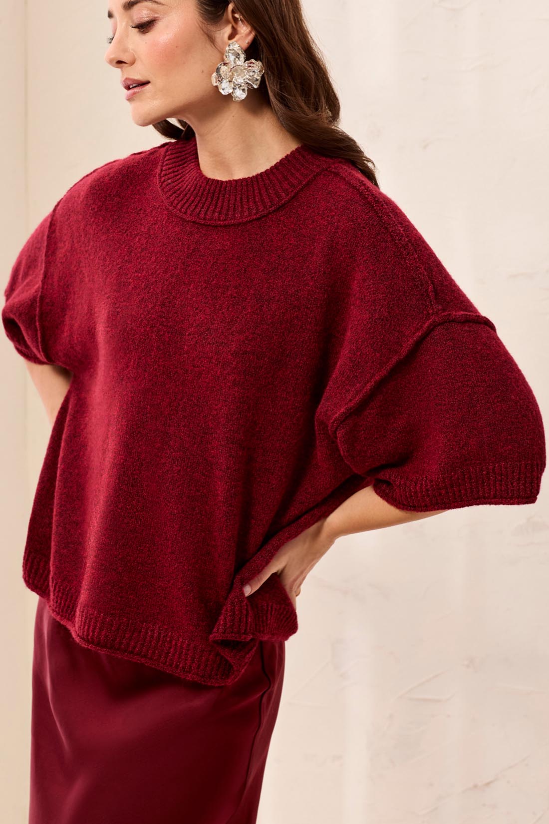 Tribal-Lofty Elbow Sleeve Crew Neck Sweater-6278O-3408-Pinot Noir - The Coach Pyramids