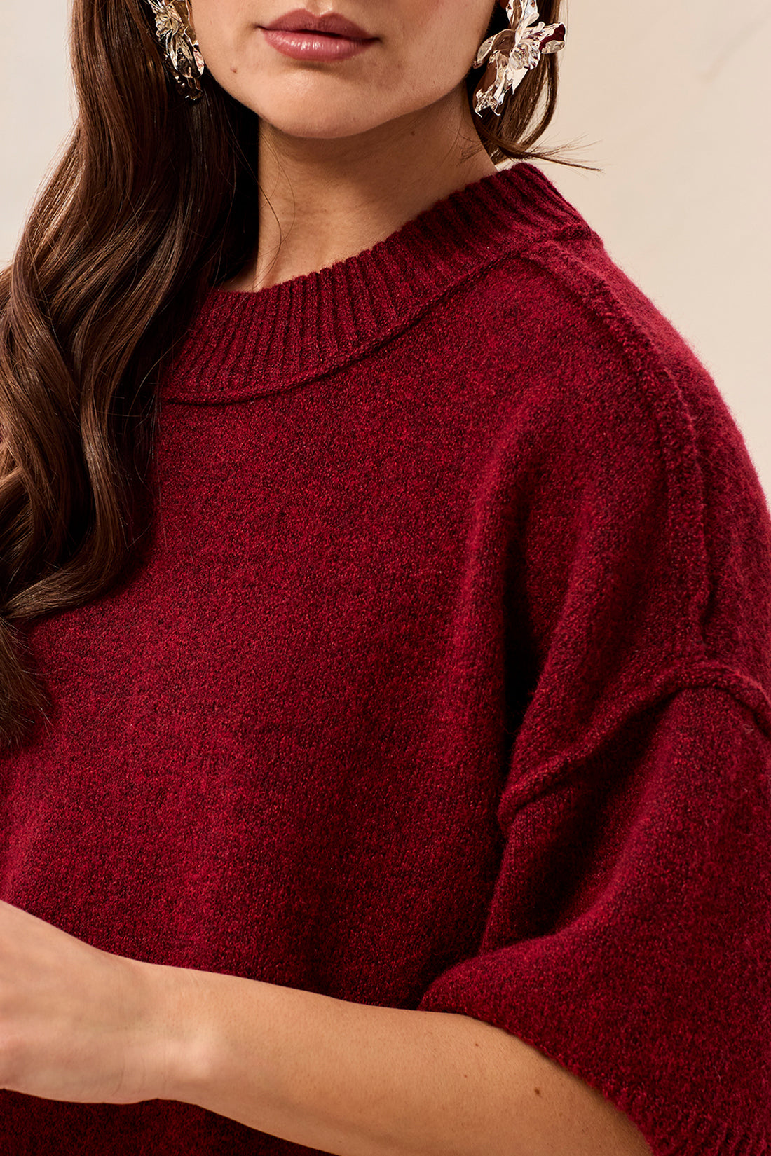 Tribal-Lofty Elbow Sleeve Crew Neck Sweater-6278O-3408-Pinot Noir - The Coach Pyramids