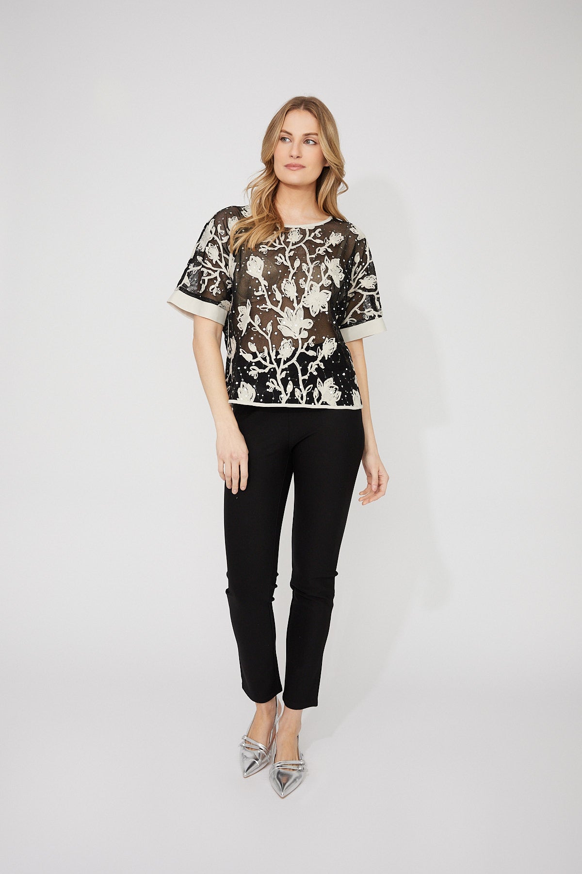 Frank Lyman-266206-Knit Top-Black/Almond - The Coach Pyramids