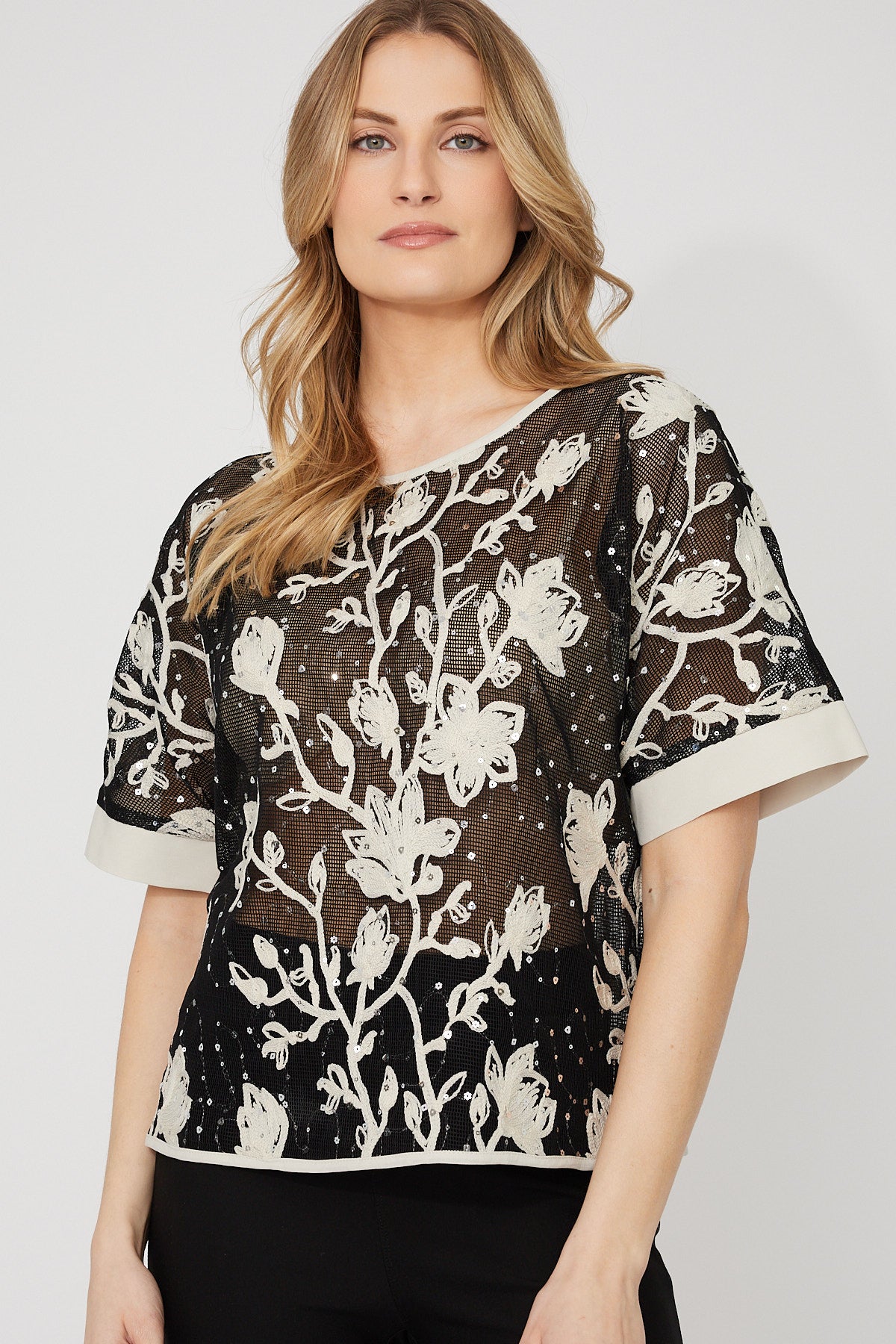 Frank Lyman-266206-Knit Top-Black/Almond - The Coach Pyramids