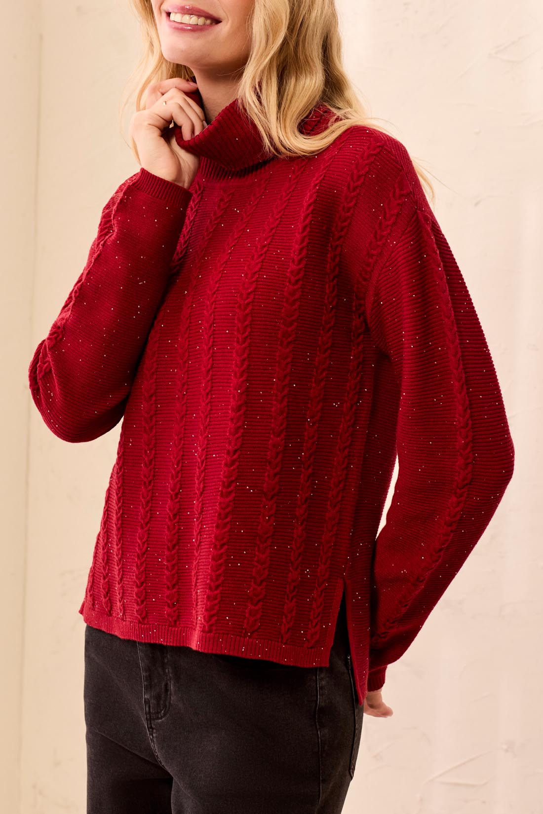 Tribal-T Neck Cable Stitch Sweater W/Side Slits-6309O-3370-Pinot - The Coach Pyramids
