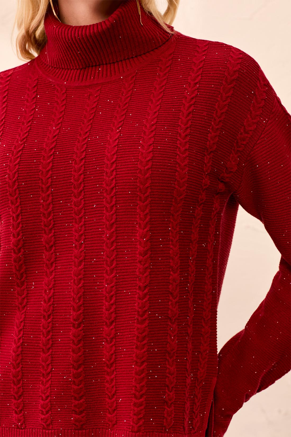 Tribal-T Neck Cable Stitch Sweater W/Side Slits-6309O-3370-Pinot - The Coach Pyramids