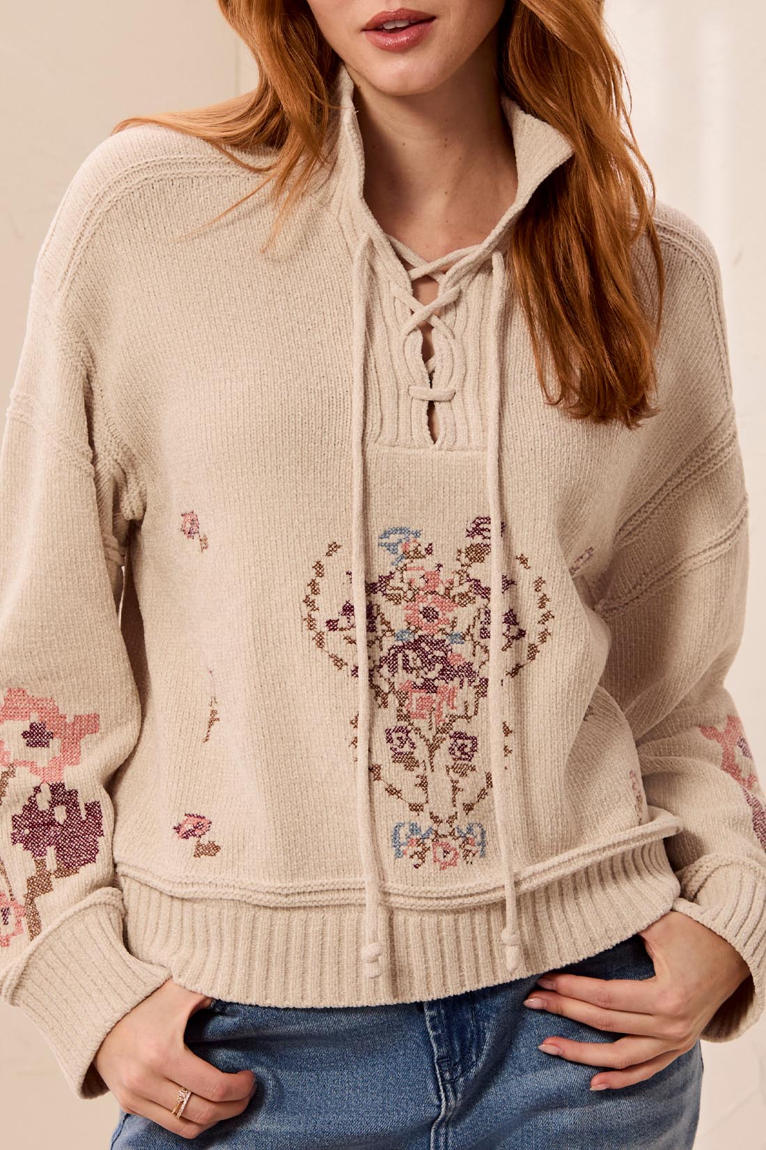 Tribal-Lace Up Mock Neck Embroidered Sweater-6335O-3373-Chantilly - The Coach Pyramids