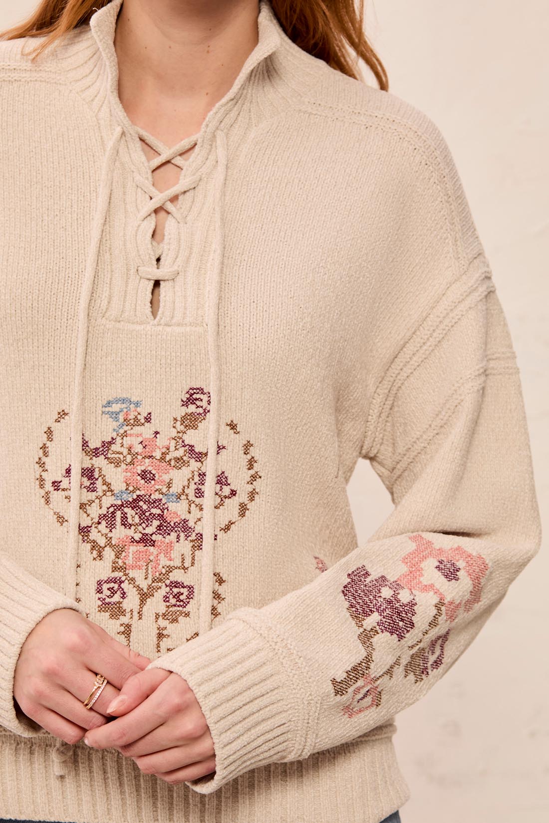 Tribal-Lace Up Mock Neck Embroidered Sweater-6335O-3373-Chantilly - The Coach Pyramids