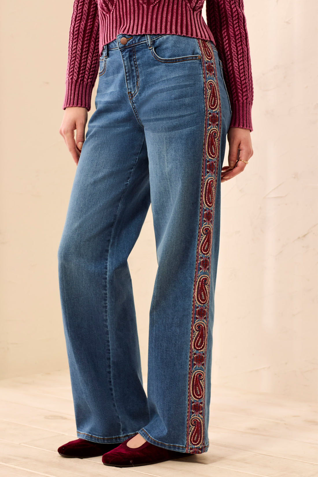 Tribal-Audrey Wide Denim W/Fancy Embroidery-6339O-1558-French Blue - The Coach Pyramids