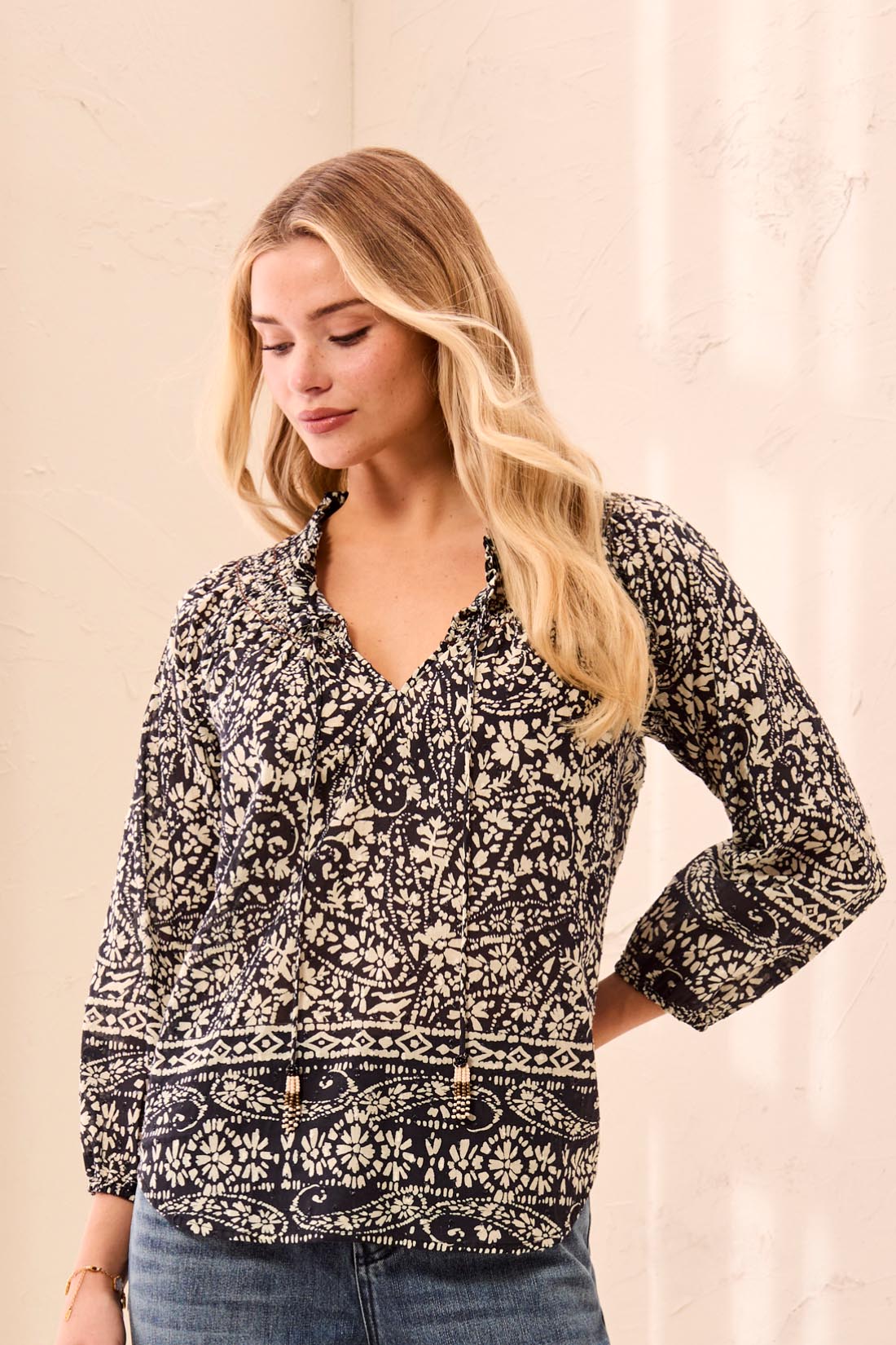 Tribal-Blouse W/Fancy Embroidery And Tassel-6341O-1356-Black/White - The Coach Pyramids