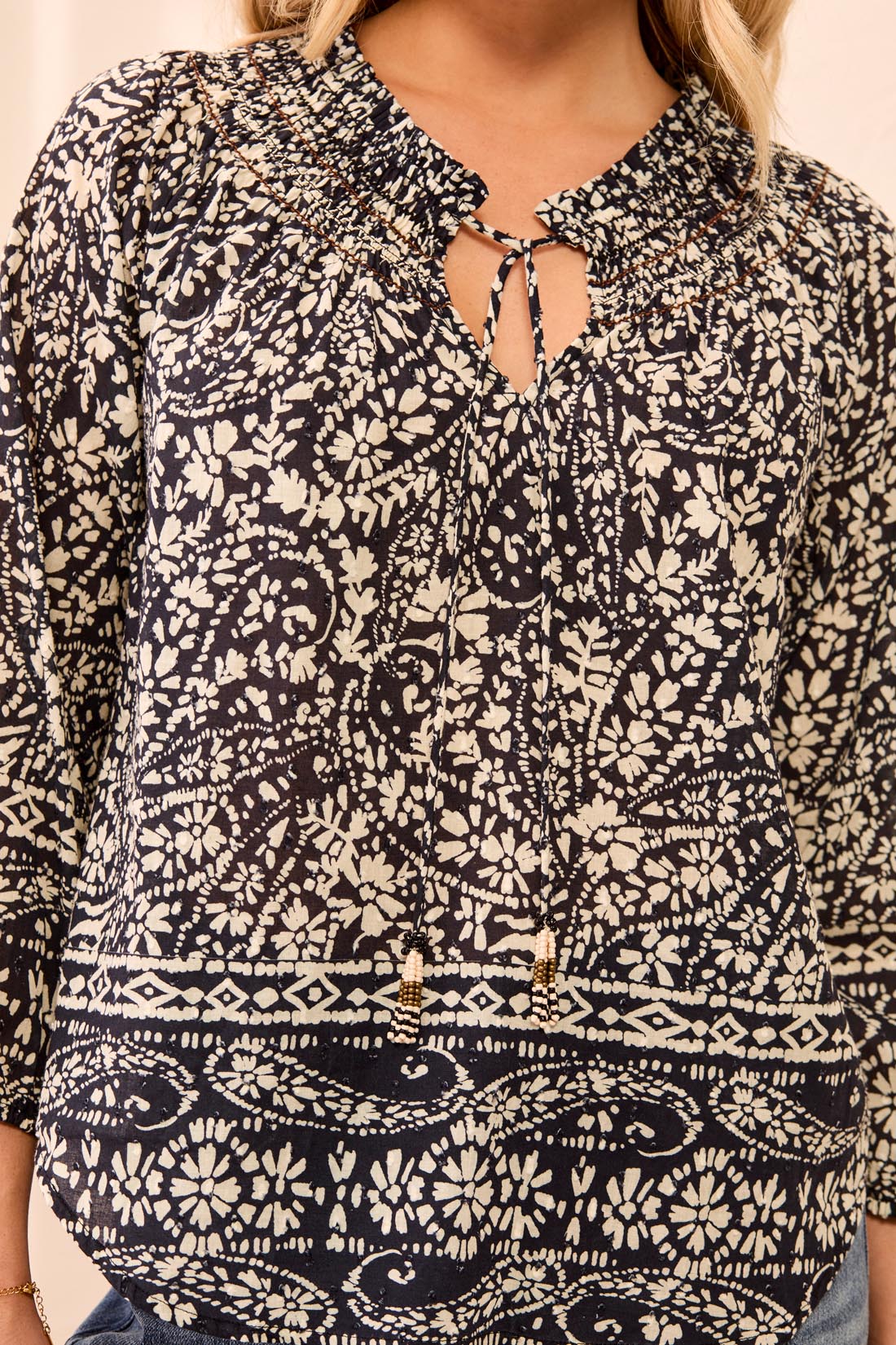 Tribal-Blouse W/Fancy Embroidery And Tassel-6341O-1356-Black/White - The Coach Pyramids