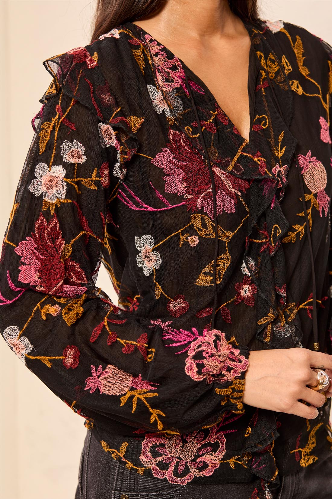 Tribal-L/S Lined Blouse W/Frill-6349O-0002-Black - The Coach Pyramids