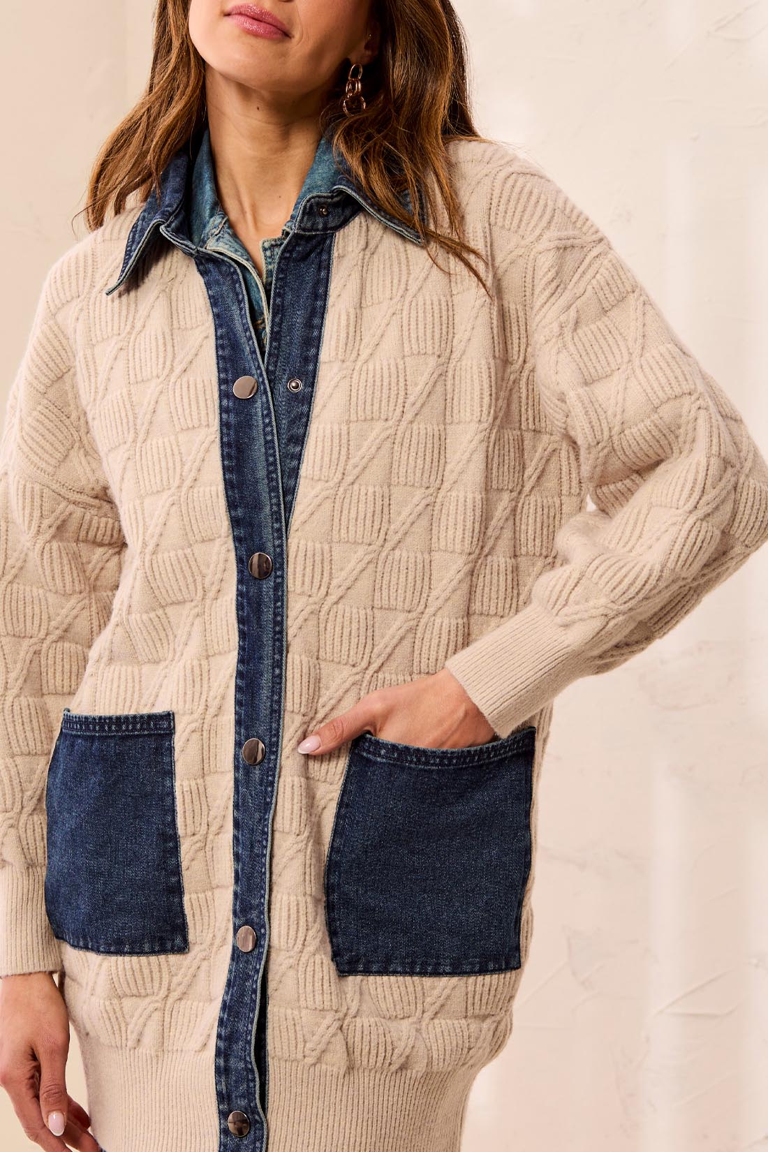 Tribal-Mix Media Sweater Coatigan W/Denim Detail-6351O-3418-LT Suede - The Coach Pyramids