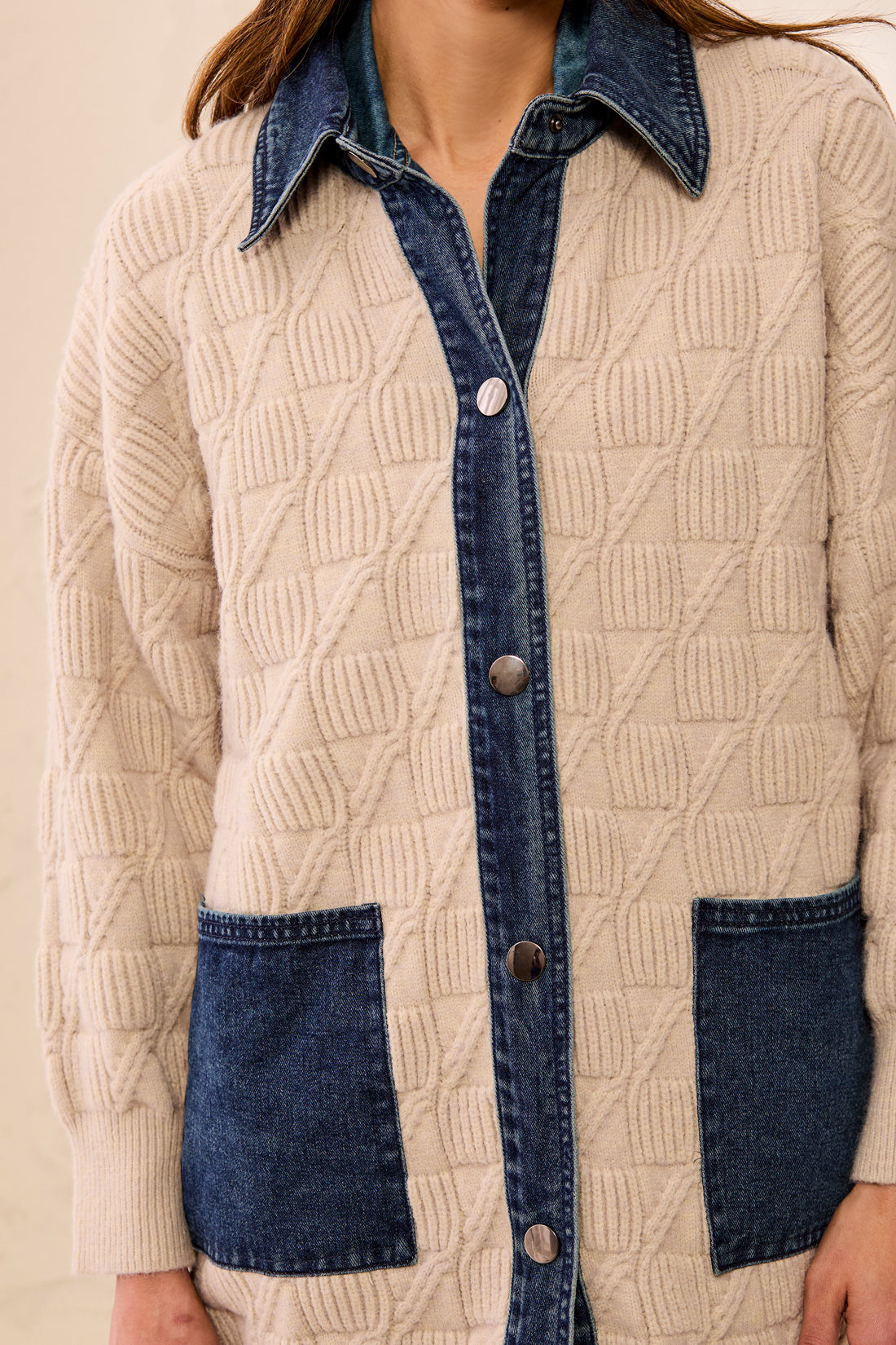 Tribal-Mix Media Sweater Coatigan W/Denim Detail-6351O-3418-LT Suede - The Coach Pyramids