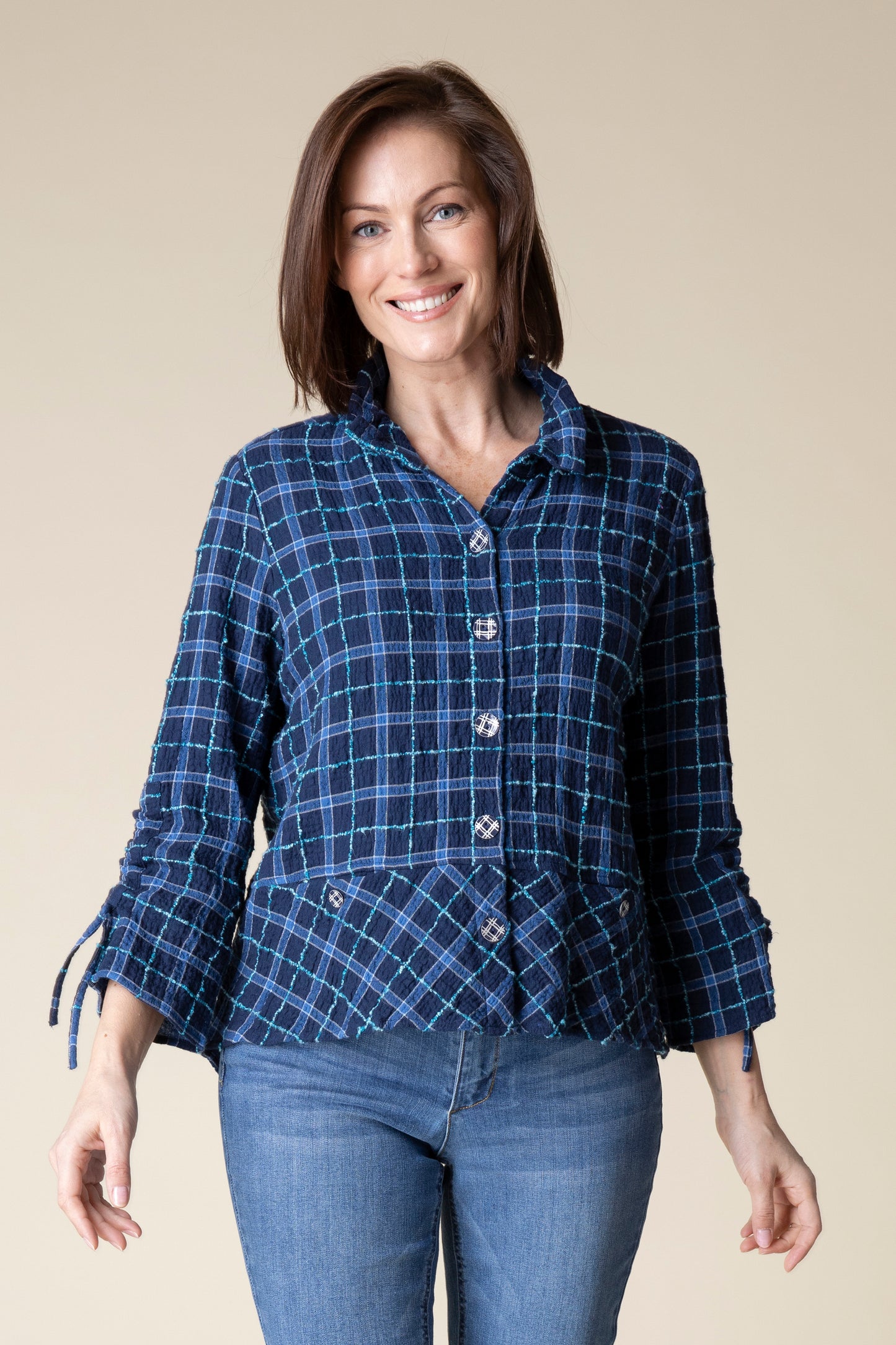Habitat Fall 2024-H75918-Ruched Sleeve Jacket-Navy - The Coach Pyramids