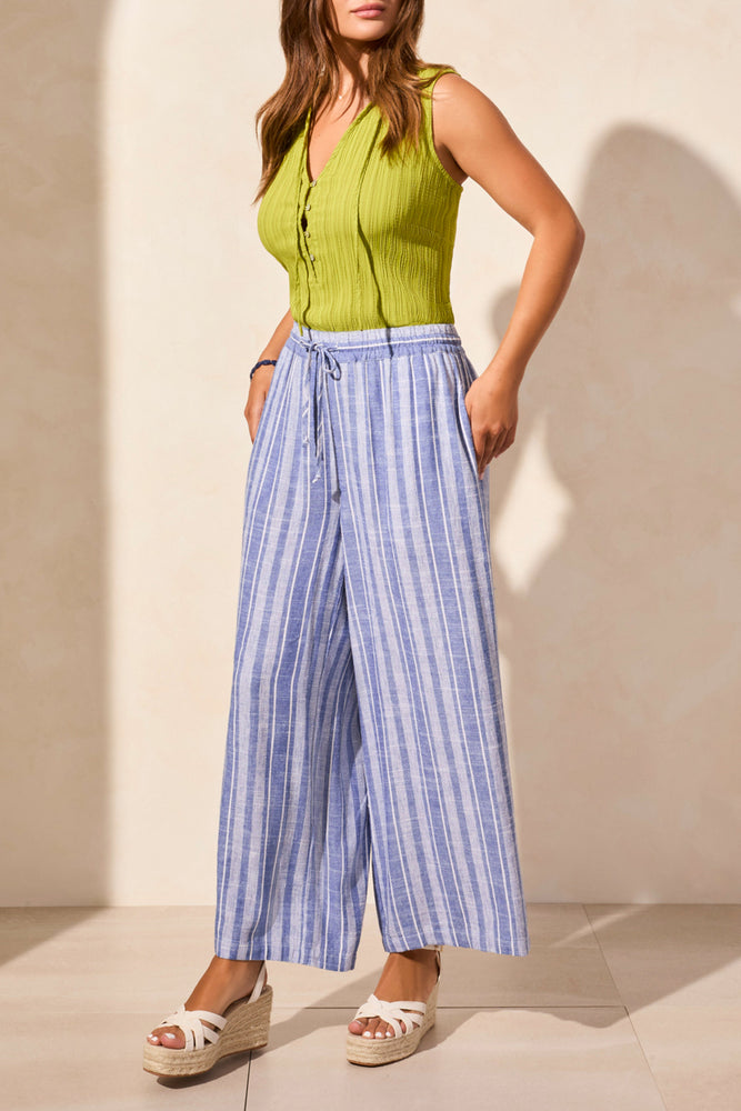 Tribal Spring/Summer 2025-7704O-4400-Linen Blend Striped Flowy Pants-Calypso Blue