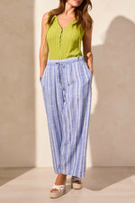 Tribal Spring/Summer 2025-7704O-4400-Linen Blend Striped Flowy Pants-Calypso Blue