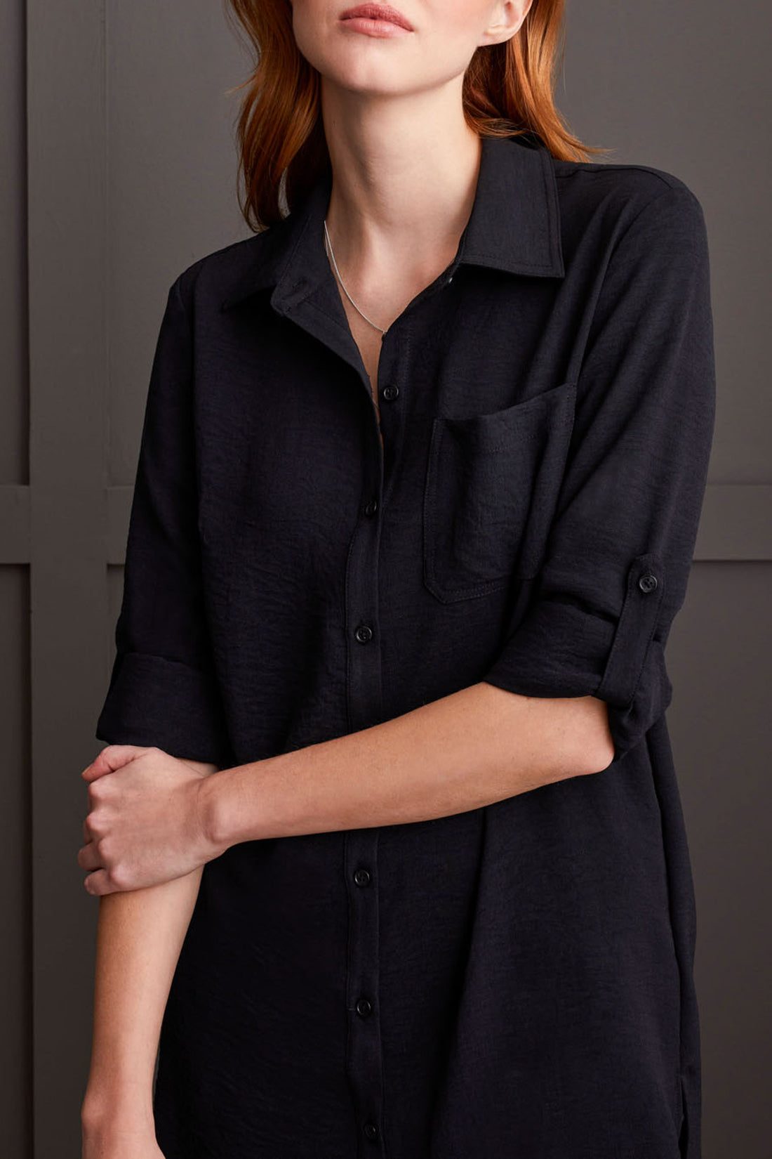 Tribal Fall 2024-7878O/0002-Pebbled Crepe Roll Sleeve Tunic-Black - The Coach Pyramids