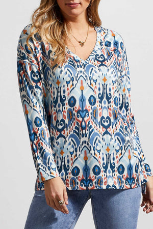 Tribal  Fall/Winter 2023-7979O/4448-V Neck Tunic Top-Blue Wind - The Coach Pyramids