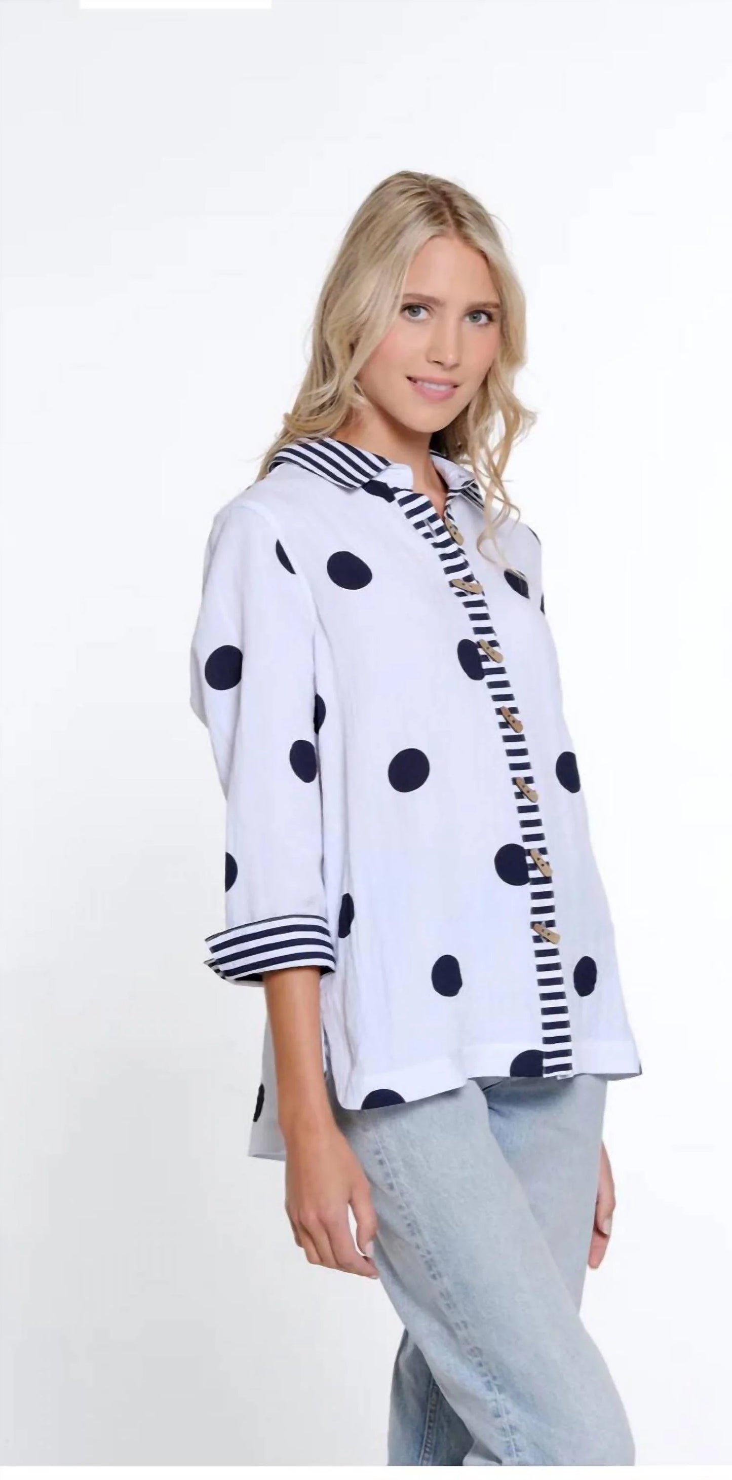 Multiples-Spring/Summer 2025-M15305BM-3/4 Sleeve Dot And Stripe Print Shirt-Midnight - The Coach Pyramids