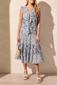 Tribal Spring/Summer 2025-888O-3647-Printed V Neck Dress W/Drawcord Waist-Scuba Blue - The Coach Pyramids