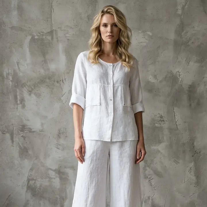 Linen Luv-TP1726-11-French Linen Blouse-Bianco - The Coach Pyramids