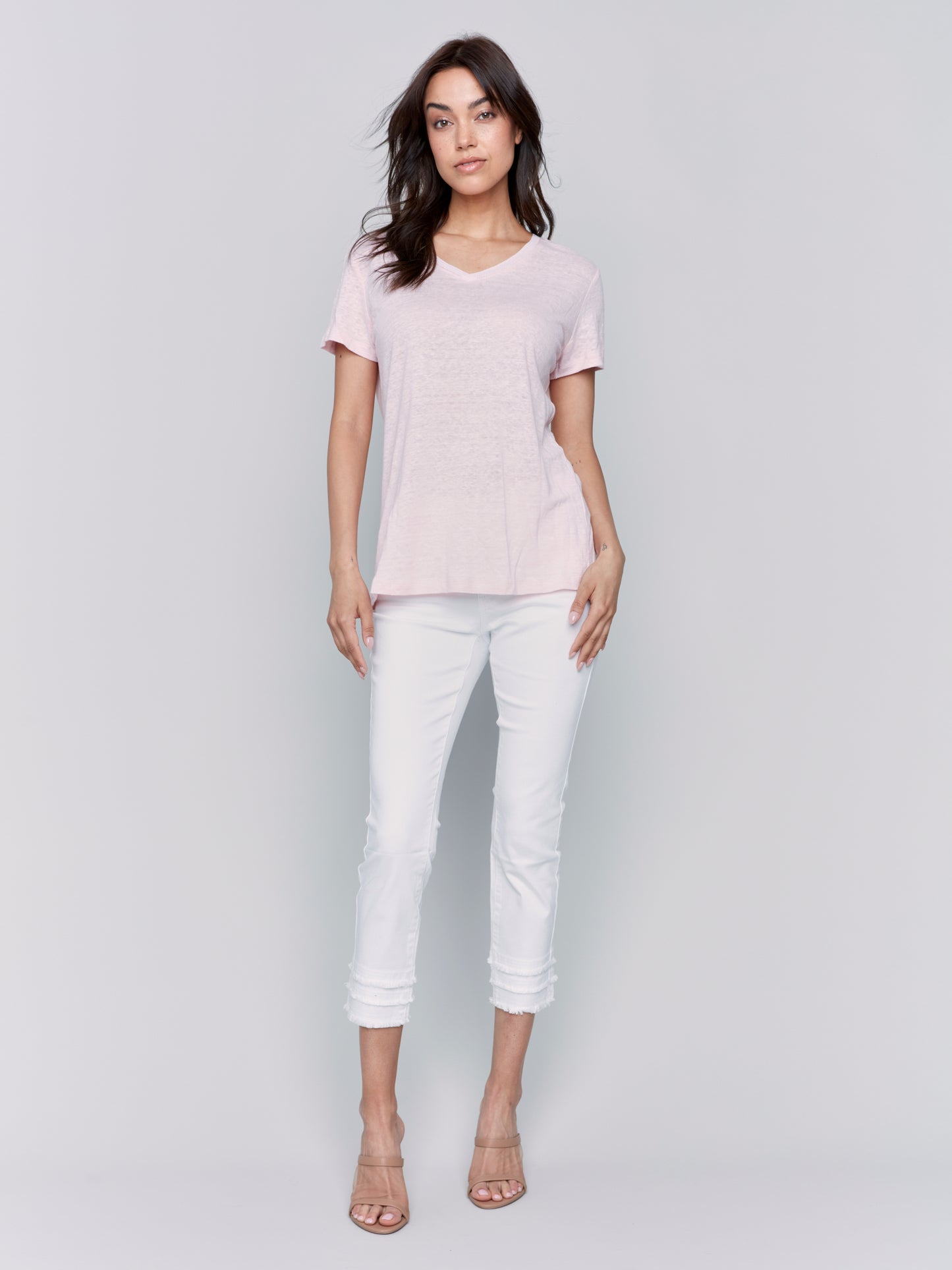 Charlie B Spring/Summer 2025-C1231TPK-109-Short Sleeves V Neck T Shirt-Petal - The Coach Pyramids