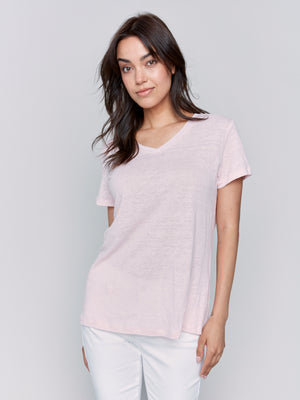 Charlie B Spring/Summer 2025-C1231TPK-109-Short Sleeves V Neck T Shirt-Petal