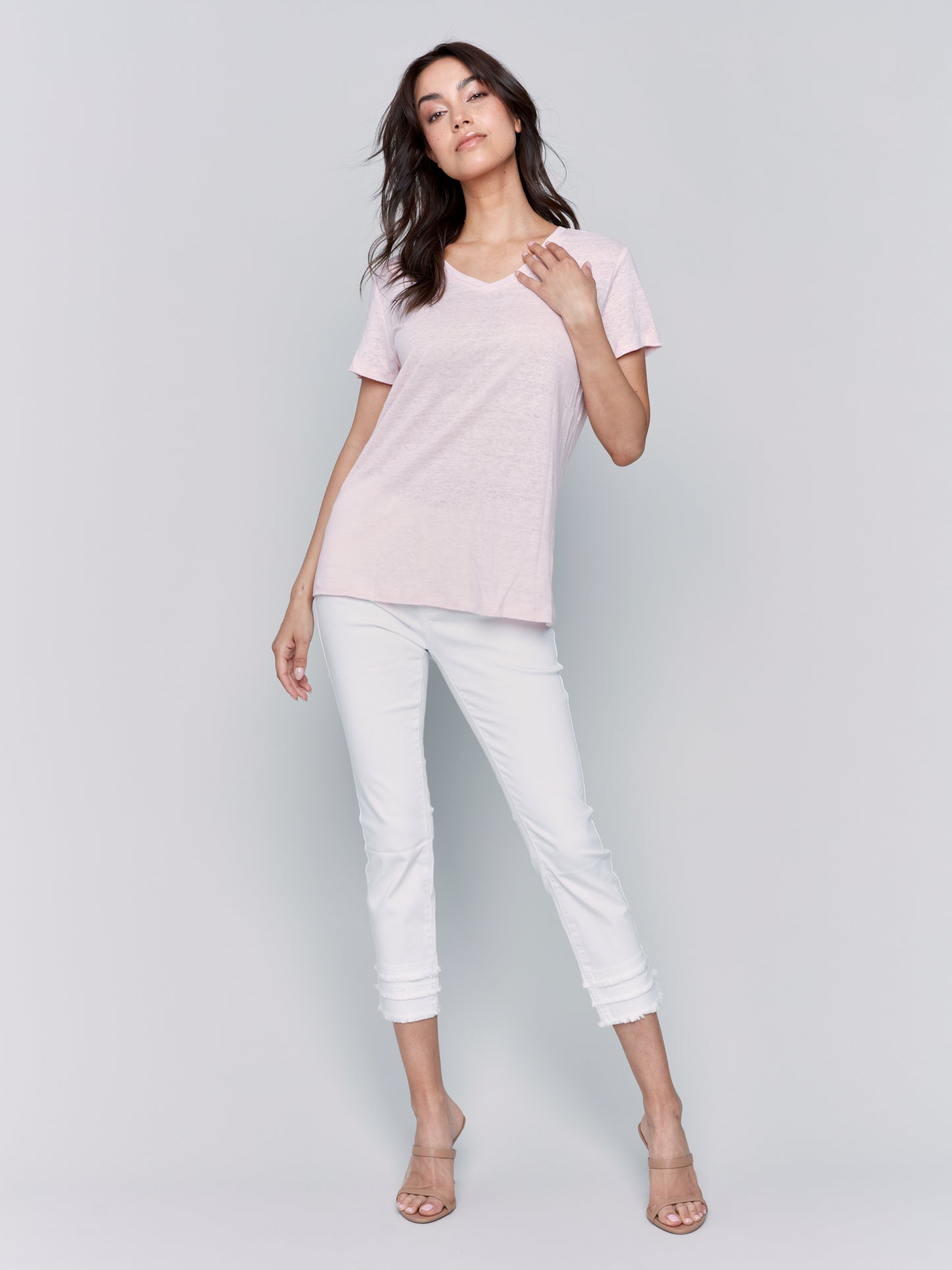 Charlie B Spring/Summer 2025-C1231TPK-109-Short Sleeves V Neck T Shirt-Petal - The Coach Pyramids