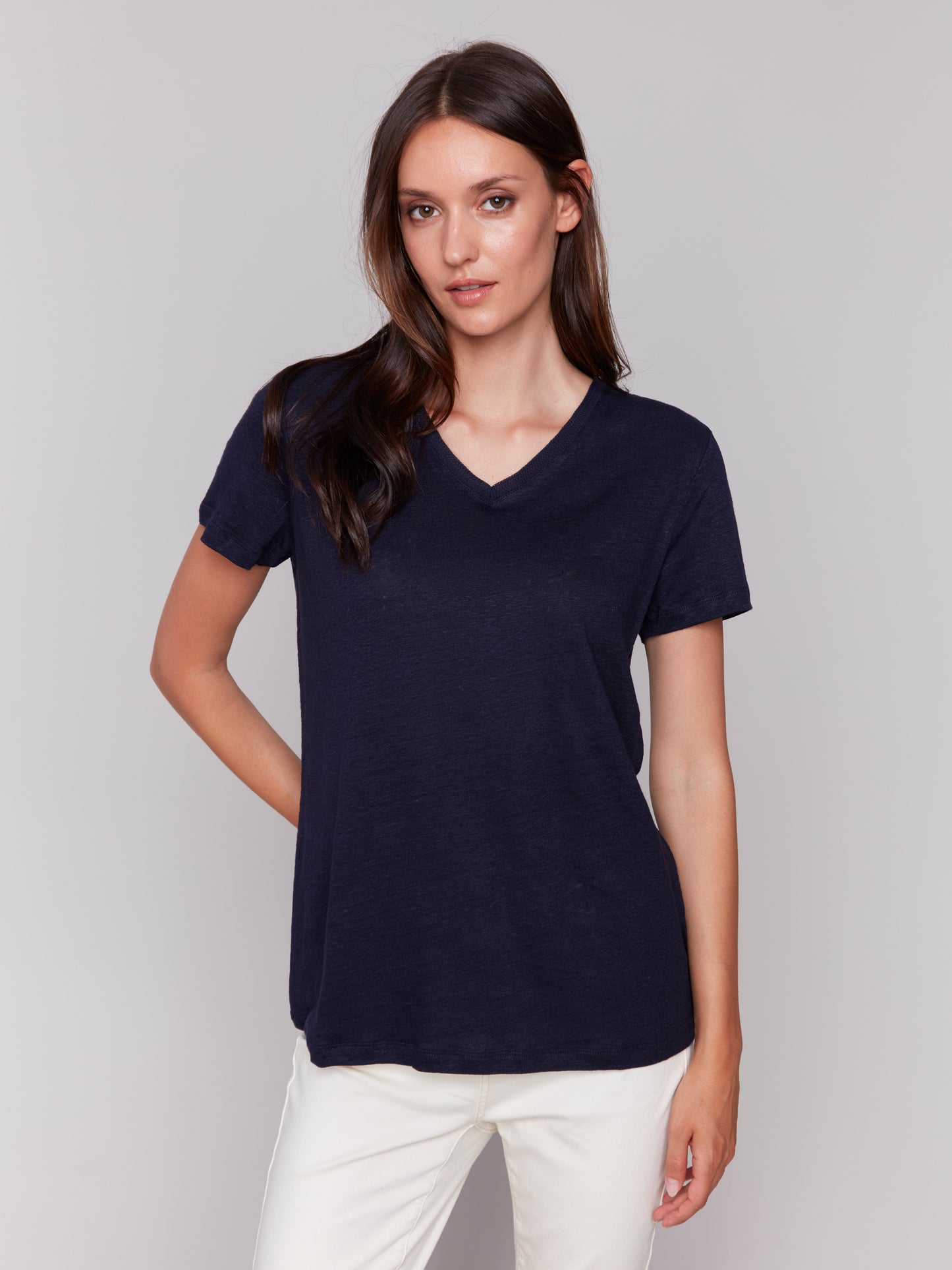 Charlie B Spring/Summer 2025-C1231TPK-117-Short Sleeves V Neck T Shirt-Navy - The Coach Pyramids