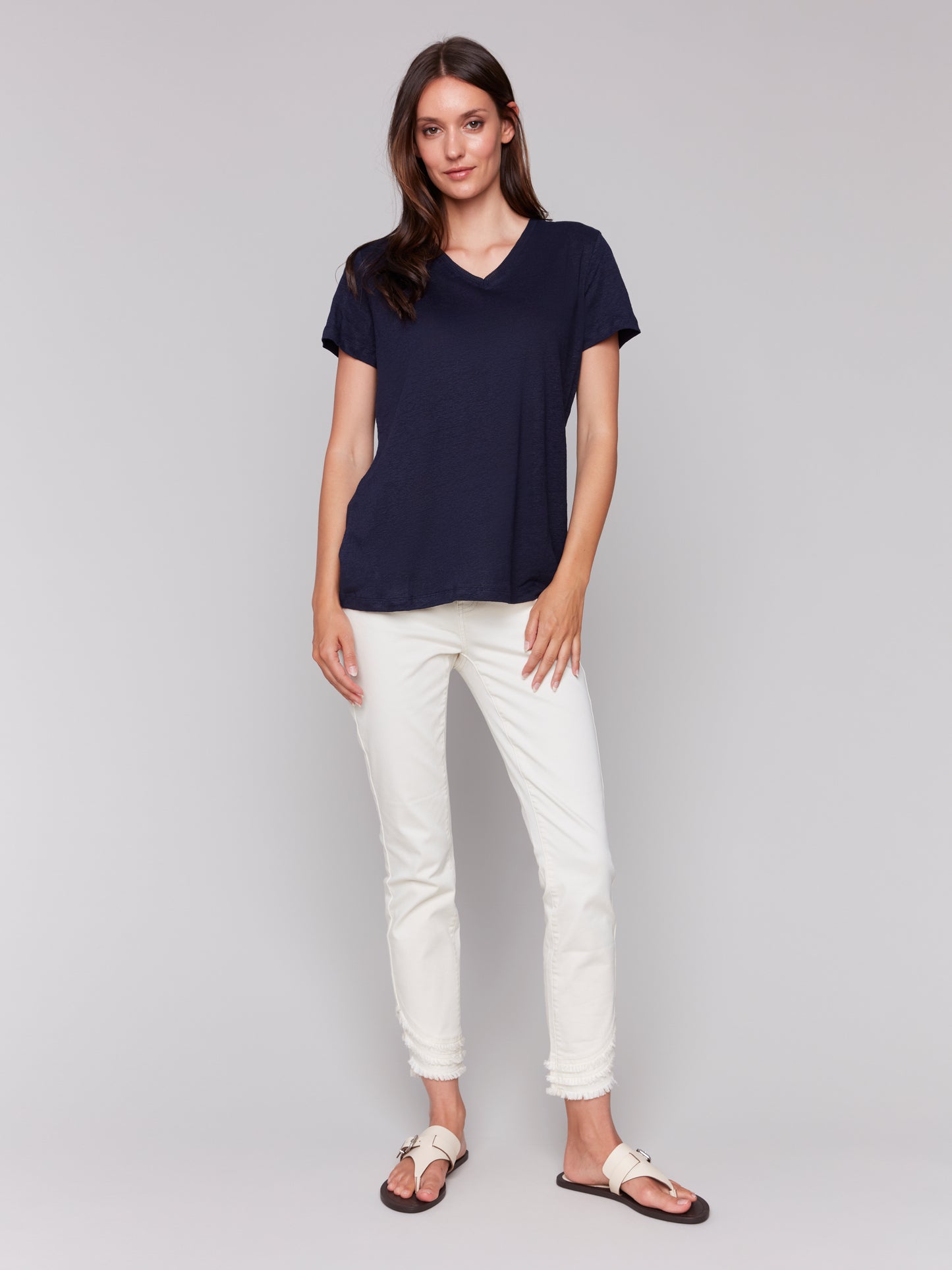 Charlie B Spring/Summer 2025-C1231TPK-117-Short Sleeves V Neck T Shirt-Navy - The Coach Pyramids