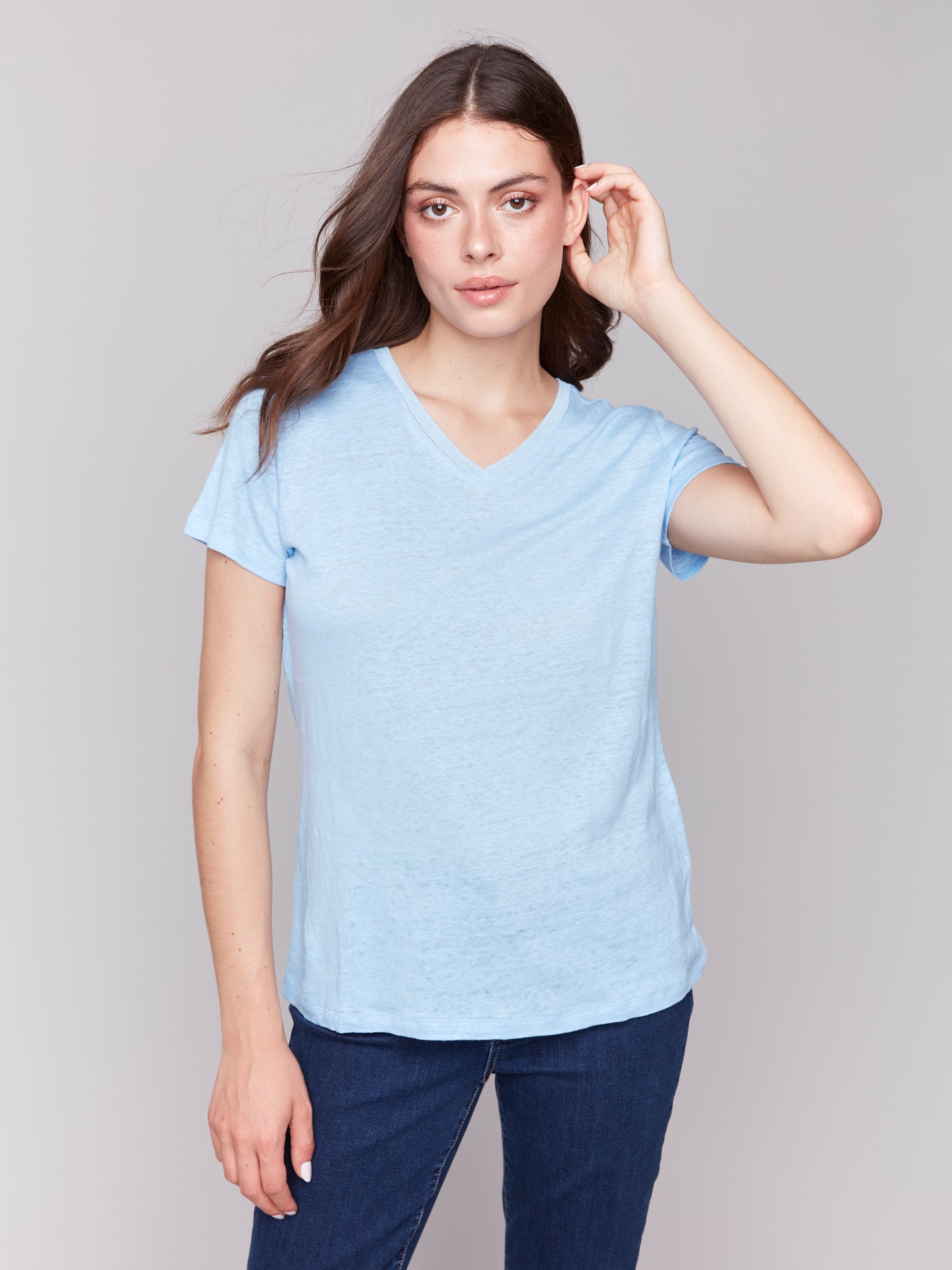 Charlie B Spring/Summer 2025-C1231TPK-239-Short Sleeves V Neck T Shirt-Blue Bell - The Coach Pyramids