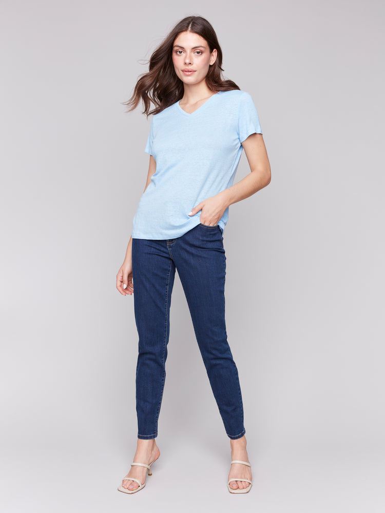 Charlie B Spring/Summer 2025-C1231TPK-239-Short Sleeves V Neck T Shirt-Blue Bell