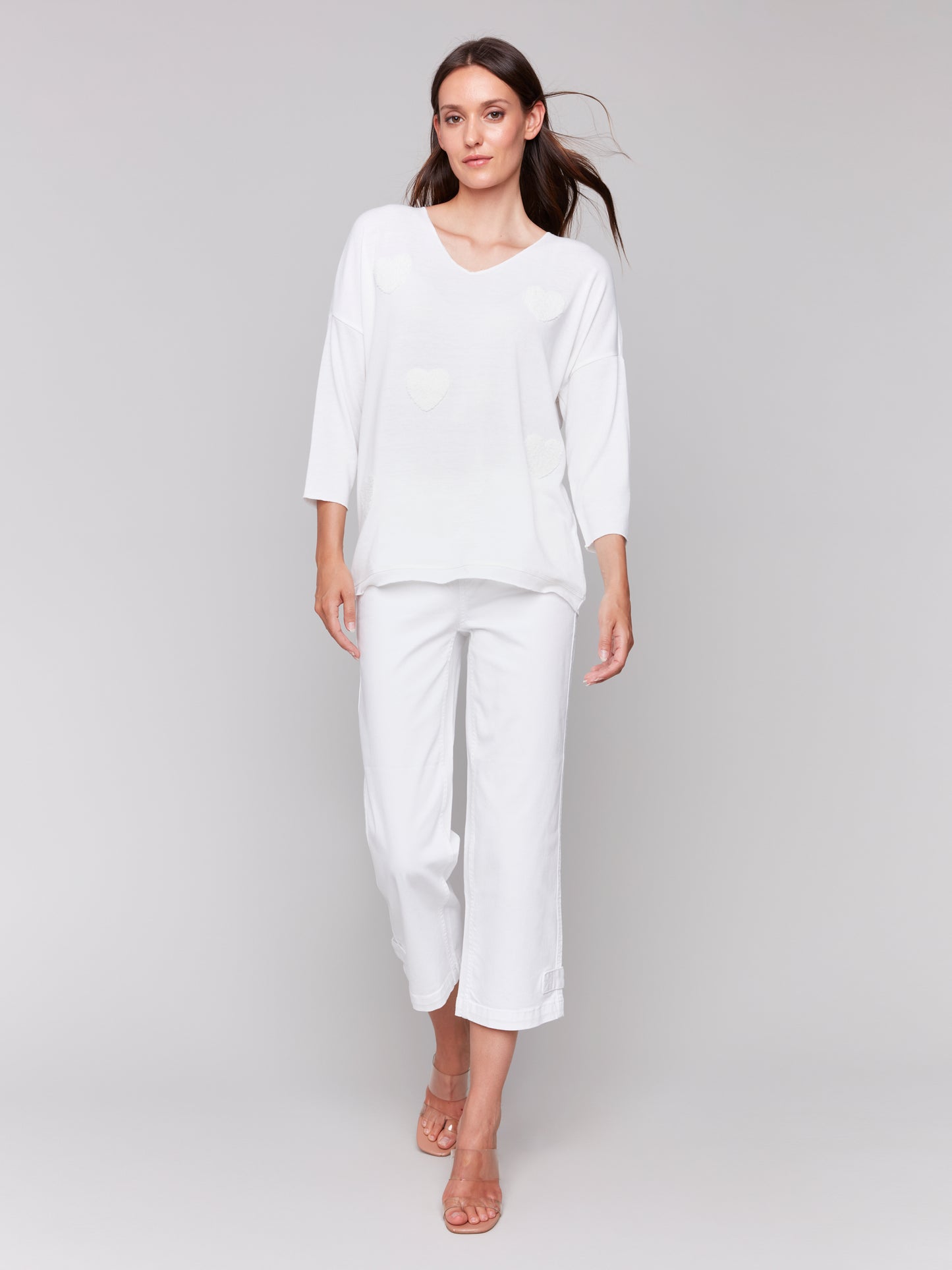 Charlie B Spring/Summer 2025-C1264APK-002-Long Sleeve V Neck Top W/Applique Details-White - The Coach Pyramids