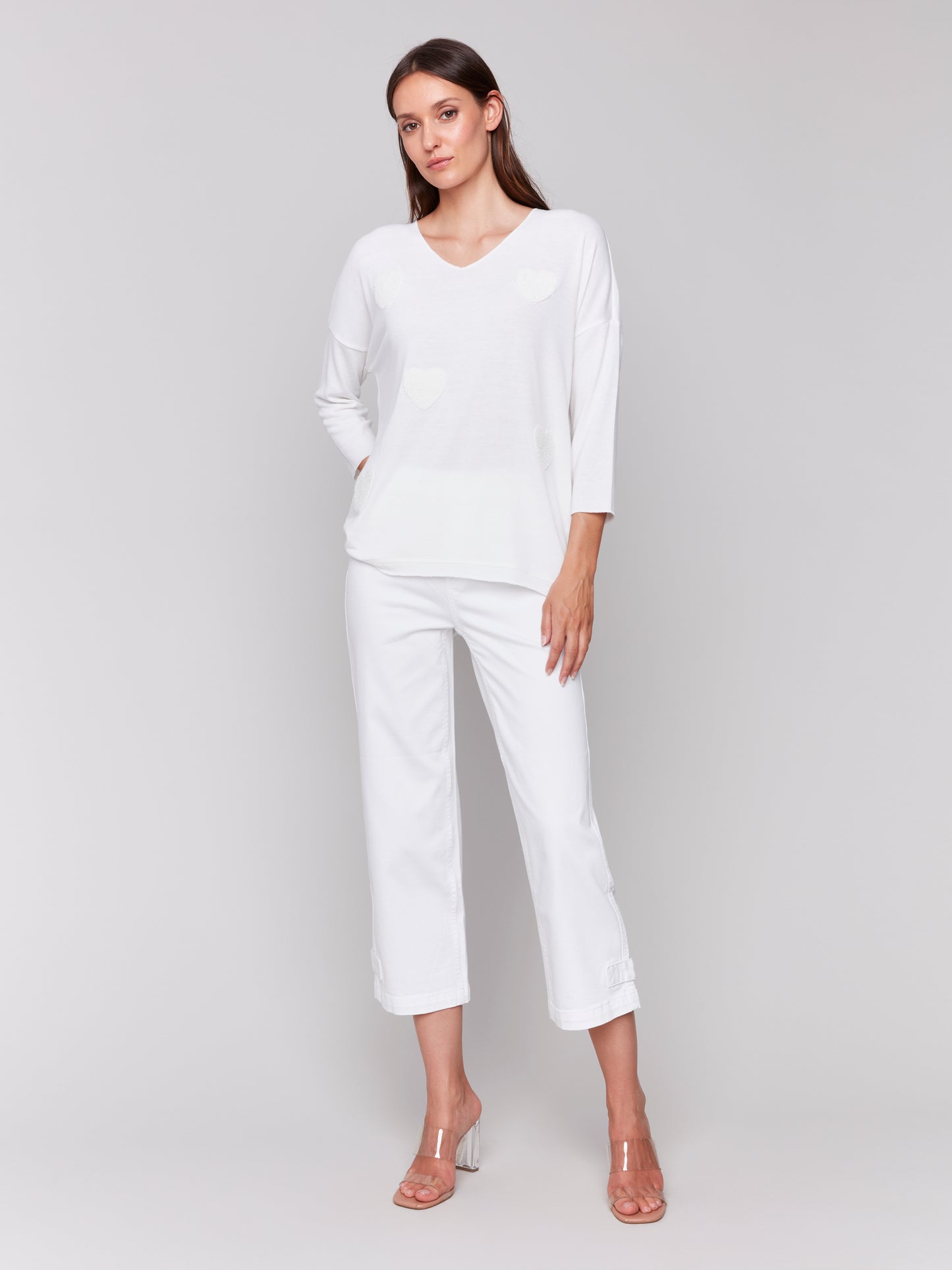 Charlie B Spring/Summer 2025-C1264APK-002-Long Sleeve V Neck Top W/Applique Details-White - The Coach Pyramids