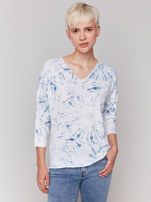 Charlie B Spring/Summer 2025-C1264BPK-P042-Printed V Neck Knit Top-Denim