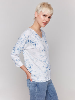 Charlie B Spring/Summer 2025-C1264BPK-P042-Printed V Neck Knit Top-Denim