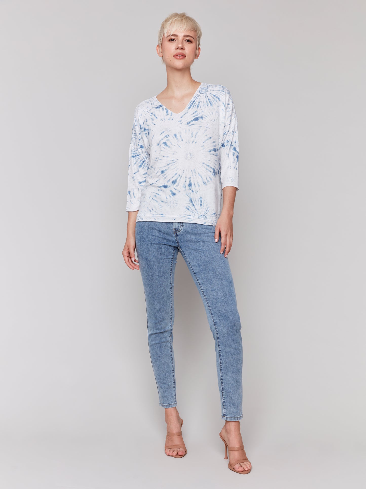 Charlie B Spring/Summer 2025-C1264BPK-P042-Printed V Neck Knit Top-Denim - The Coach Pyramids