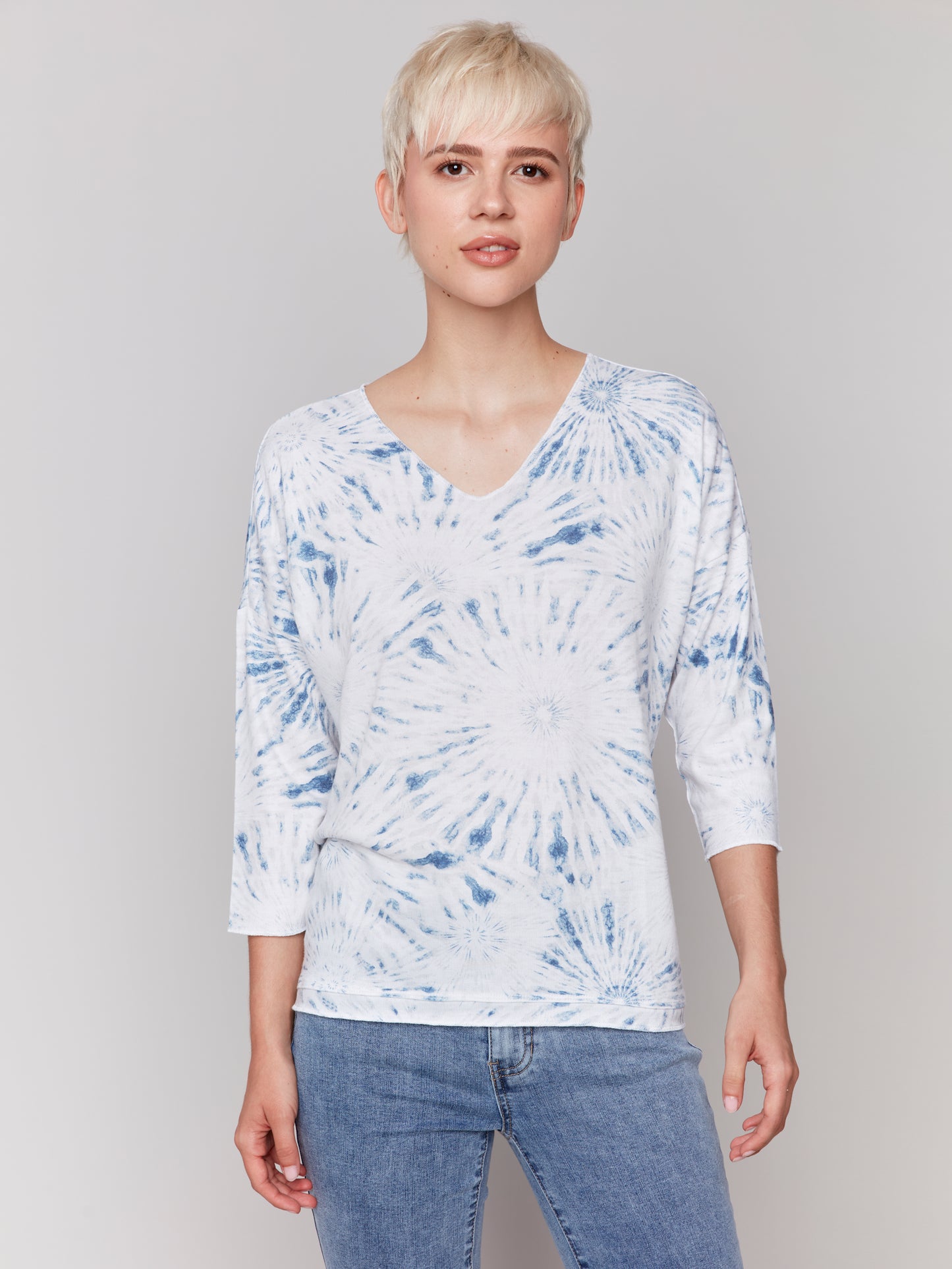 Charlie B Spring/Summer 2025-C1264BPK-P042-Printed V Neck Knit Top-Denim - The Coach Pyramids