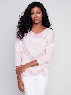 Charlie B Spring/Summer 2024-C1264HPK-006B-Tie Dye V Neck Top-Dusty Rose - The Coach Pyramids