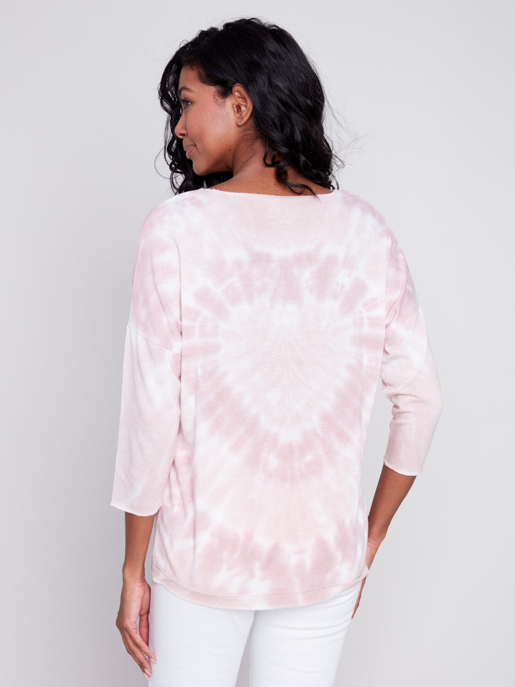 Charlie B Spring/Summer 2024-C1264HPK-006B-Tie Dye V Neck Top-Dusty Rose - The Coach Pyramids