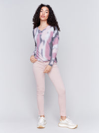 Charlie B Fall 2024-C1292DPK-P038-Loose V Neck Knit Top-Charcoal - The Coach Pyramids