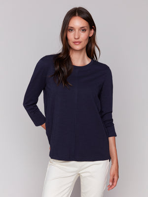 Charlie B Spring/Summer 2025-C1293ZPK-117-3/4 Sleeve Knit Top-Navy