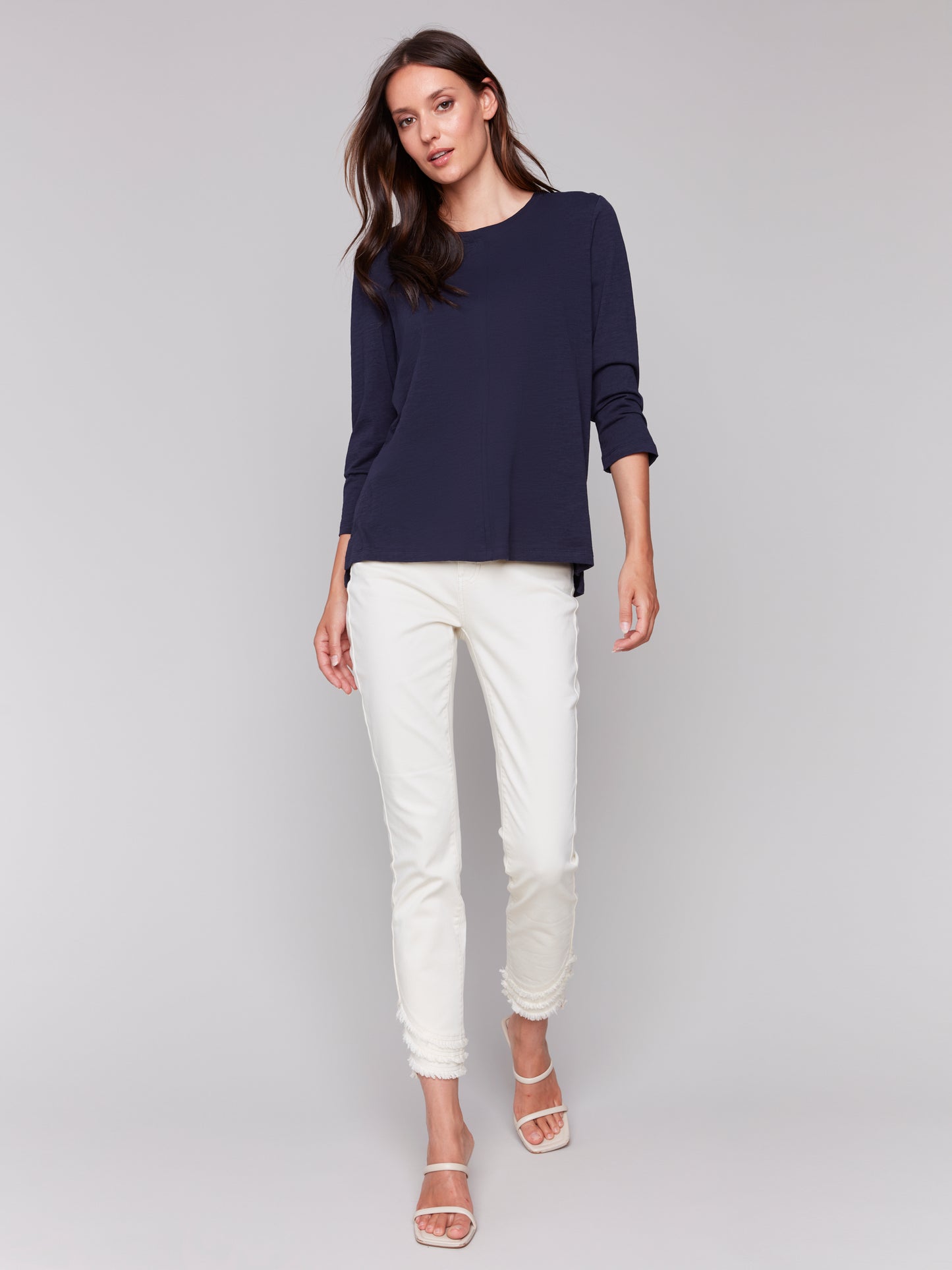 Charlie B Spring/Summer 2025-C1293ZPK-117-3/4 Sleeve Knit Top-Navy - The Coach Pyramids