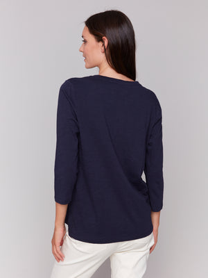 Charlie B Spring/Summer 2025-C1293ZPK-117-3/4 Sleeve Knit Top-Navy