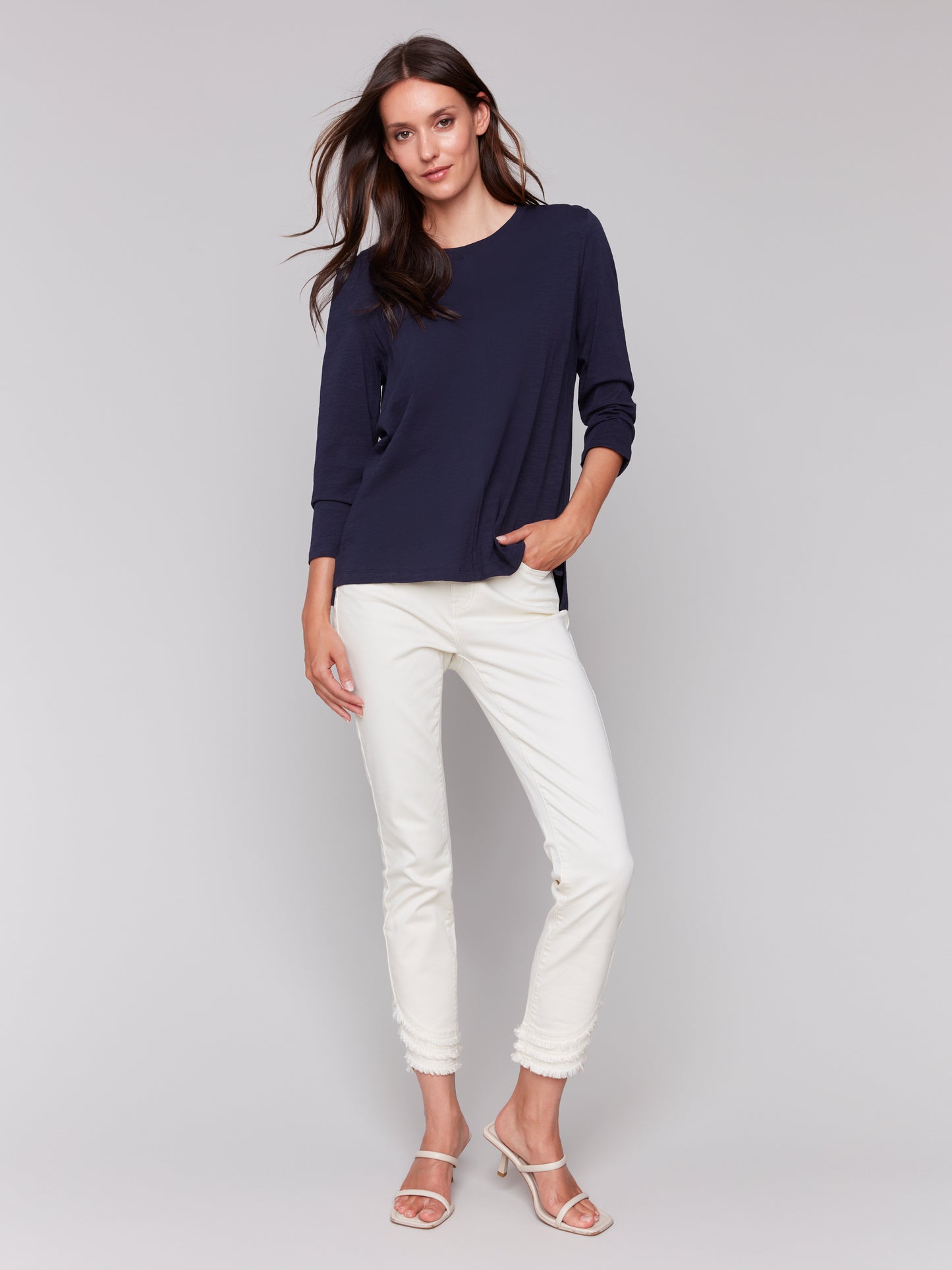 Charlie B Spring/Summer 2025-C1293ZPK-117-3/4 Sleeve Knit Top-Navy - The Coach Pyramids