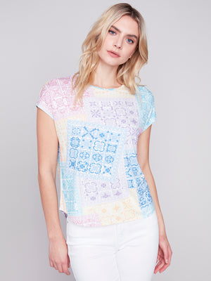 Charlie B Spring/Summer 2024-C1299YPK-221B-Printed Crew Neck Top-Bandana - The Coach Pyramids