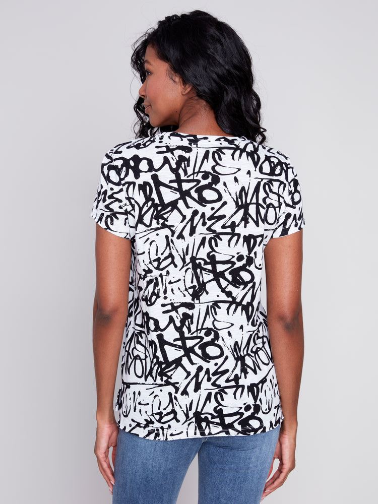 Charlie B Spring/Summer 2024-C1310XPK-075B-Printed Slub T Shirt-Black/White - The Coach Pyramids