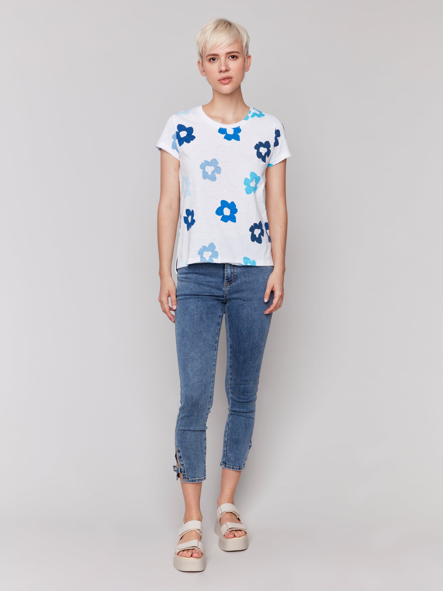 Charlie B Spring/Summer 2025-C1310ZPK-P869-Short Sleeve Round Neck Cotton Slub T-Blue Floral - The Coach Pyramids
