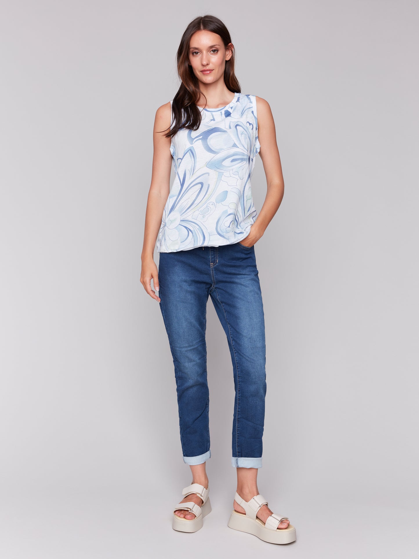 Charlie B Spring/Summer 2025-C1313YPK-P842-Printed Sleeveless Round Neck Cotton Slub Top-Swirls - The Coach Pyramids