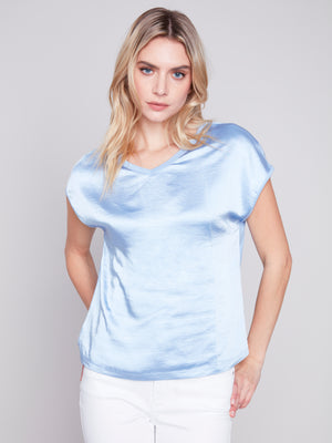 Charlie B Spring/Summer 2024-C1330RPK-416B-V Neck Satin Jersey-Sky - The Coach Pyramids