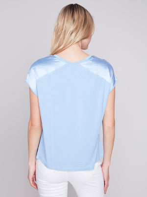 Charlie B Spring/Summer 2024-C1330RPK-416B-V Neck Satin Jersey-Sky - The Coach Pyramids